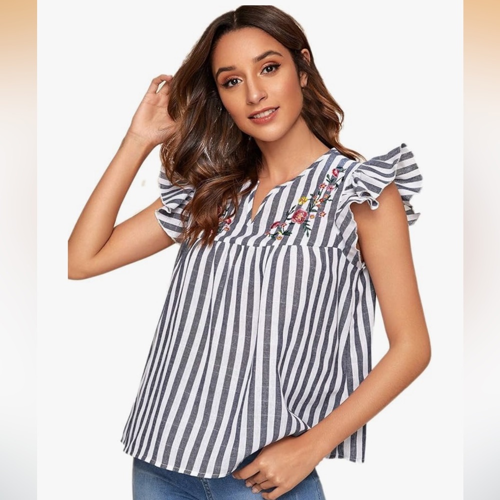 Striped Ruffle Sleeve Top with Floral Embroidery